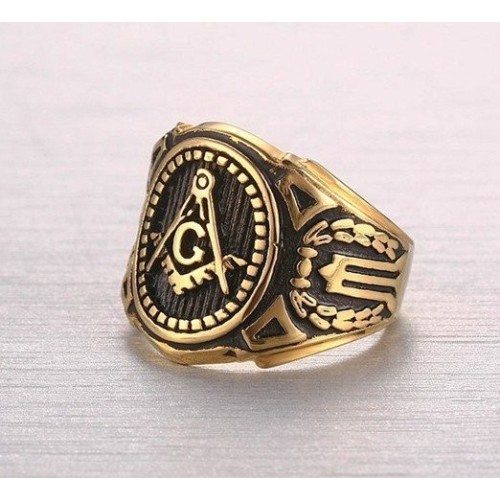 ANILLO SELLO ESTILO MASÓNICO, ACERO Y ORO