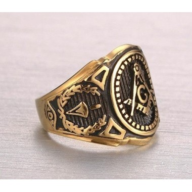 ANILLO SELLO ESTILO MASÓNICO, ACERO Y ORO