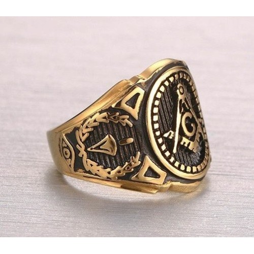 ANILLO SELLO ESTILO MASÓNICO, ACERO Y ORO