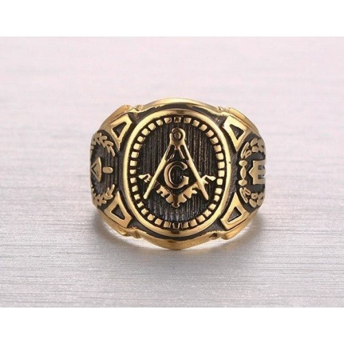 ANILLO SELLO ESTILO MASÓNICO, ACERO Y ORO