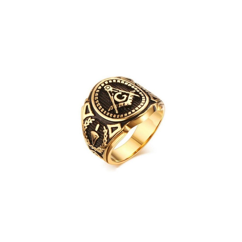 ANILLO SELLO ESTILO MASÓNICO, ACERO Y ORO