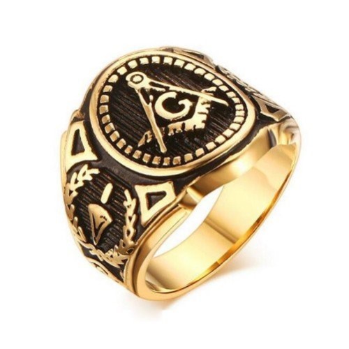 ANILLO SELLO ESTILO MASÓNICO, ACERO Y ORO