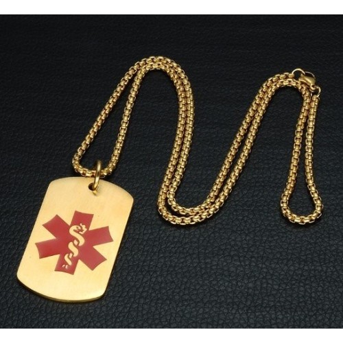 COLGANTE PLACA MÉDICA, ALÉRGICOS, ALZHEIMER, EN ACERO