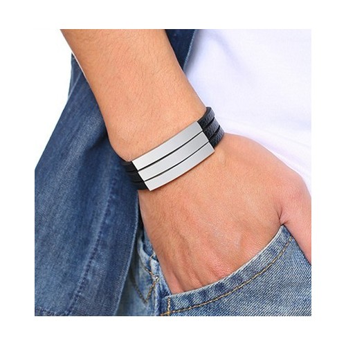 ESCLAVA ACERO Y CUERO TRIPLE CHAPA (SE GRABA)