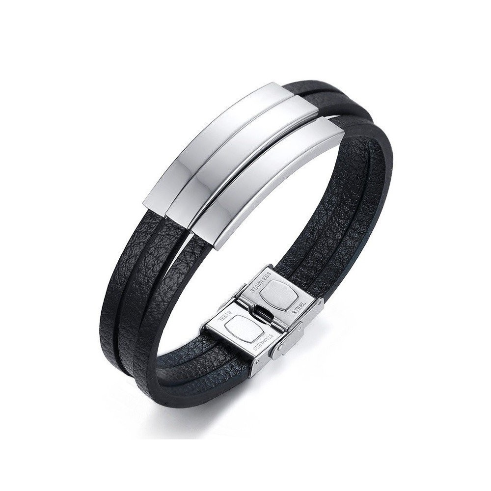 ESCLAVA ACERO Y CUERO TRIPLE CHAPA (SE GRABA)