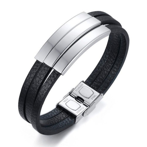 ESCLAVA ACERO Y CUERO TRIPLE CHAPA (SE GRABA)