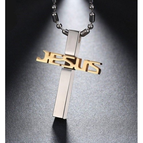 COLGANTE CRUZ "JESÚS" EN ACERO BICOLOR CON CADENA INCLUIDA