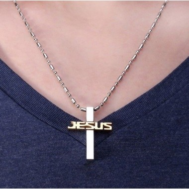COLGANTE CRUZ "JESÚS" EN ACERO BICOLOR CON CADENA INCLUIDA