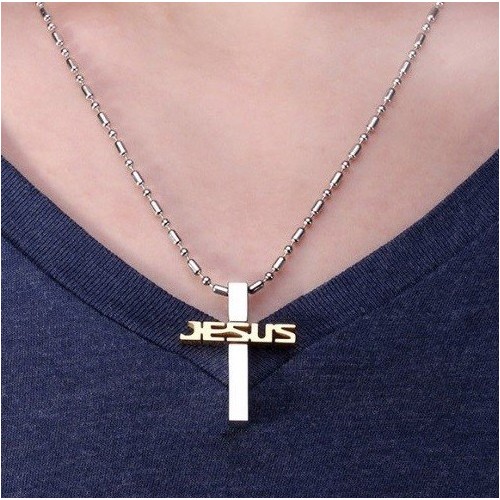 COLGANTE CRUZ "JESÚS" EN ACERO BICOLOR CON CADENA INCLUIDA