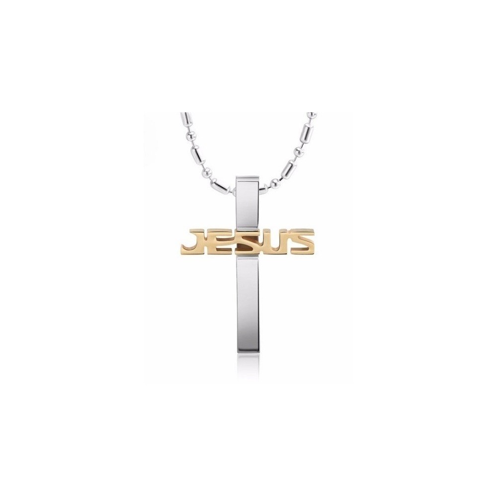 COLGANTE CRUZ "JESÚS" EN ACERO BICOLOR CON CADENA INCLUIDA