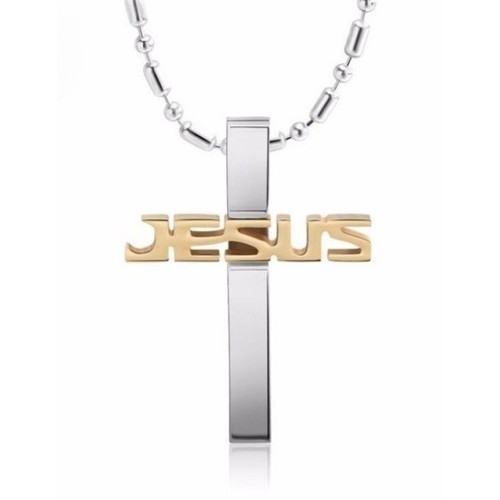 COLGANTE CRUZ "JESÚS" EN ACERO BICOLOR CON CADENA INCLUIDA