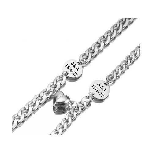 2 PULSERAS CON IMÁN CORAZÓN Y CHAPITA PERSONALIZADA PARA PAREJAS