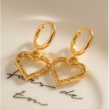 PENDIENTES LARGOS CORAZONES ACERO Y ORO WATERPROOF