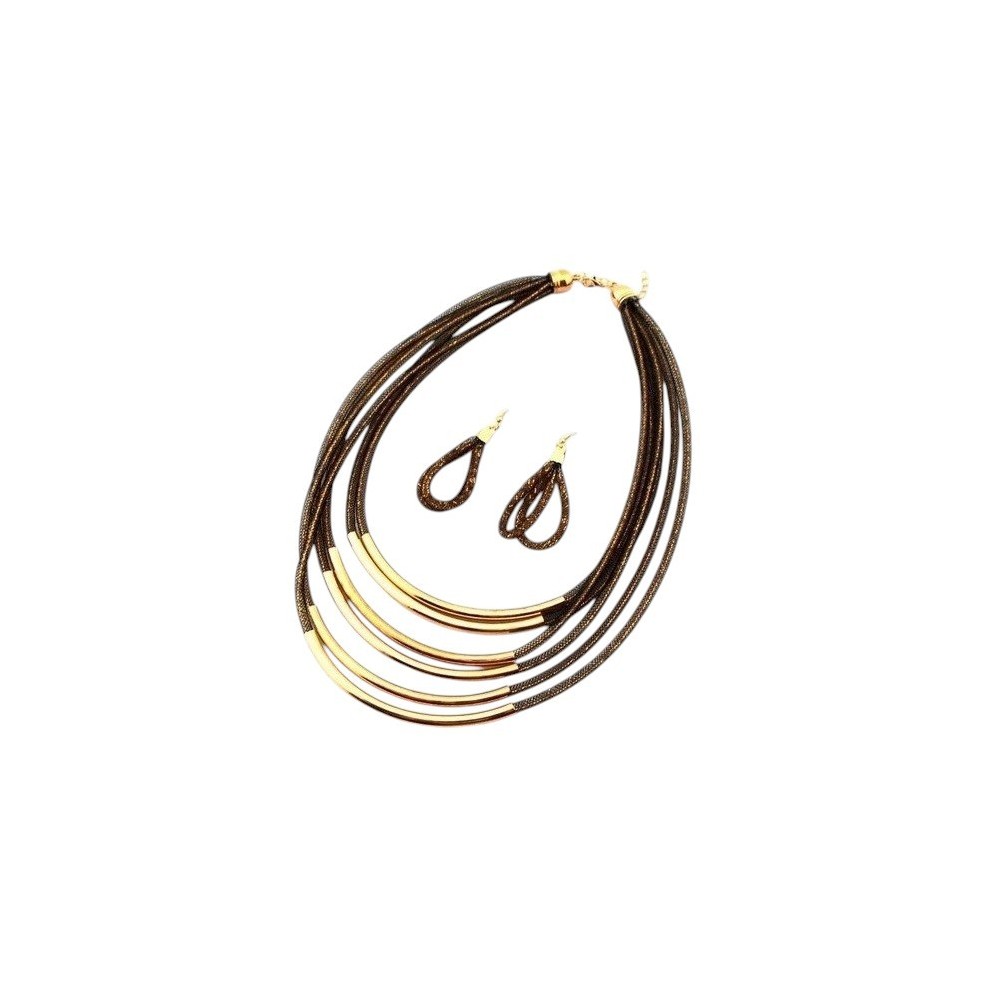 Conjunto collar gargantilla y pendientes de zamak dorado con varias filas, ETNIA