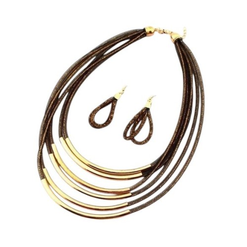 Conjunto collar gargantilla y pendientes de zamak dorado con varias filas, ETNIA