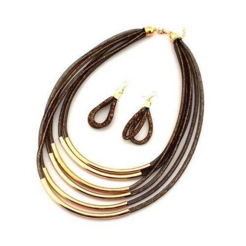 Conjunto collar gargantilla y pendientes de zamak dorado con varias filas, ETNIA