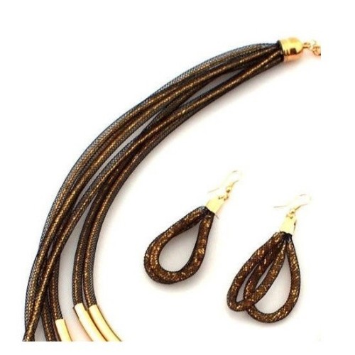 Conjunto collar gargantilla y pendientes de zamak dorado con varias filas, ETNIA