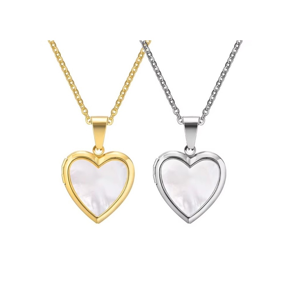 COLGANTE RELICARIO CORAZÓN NÁCAR ACERO Y ORO