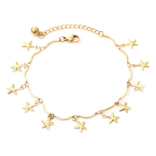 TOBILLERA ACERO Y ORO ESTRELLAS COLGANTES