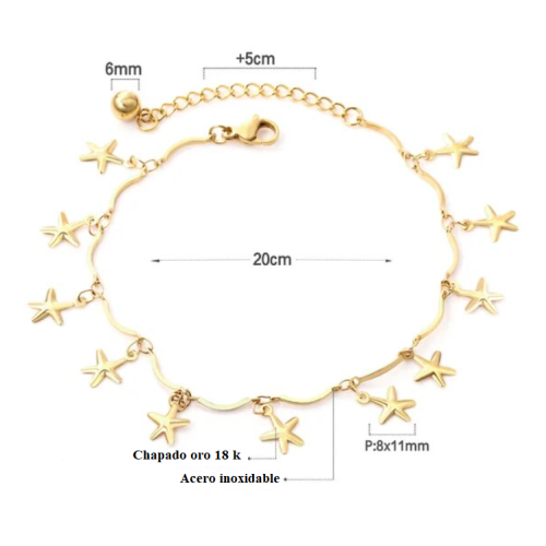 TOBILLERA ACERO Y ORO ESTRELLAS COLGANTES