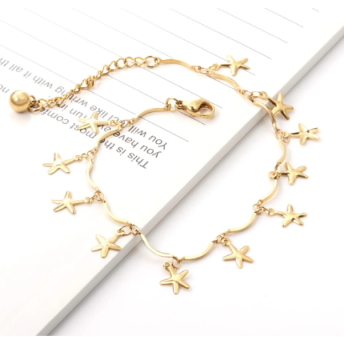 TOBILLERA ACERO Y ORO ESTRELLAS COLGANTES