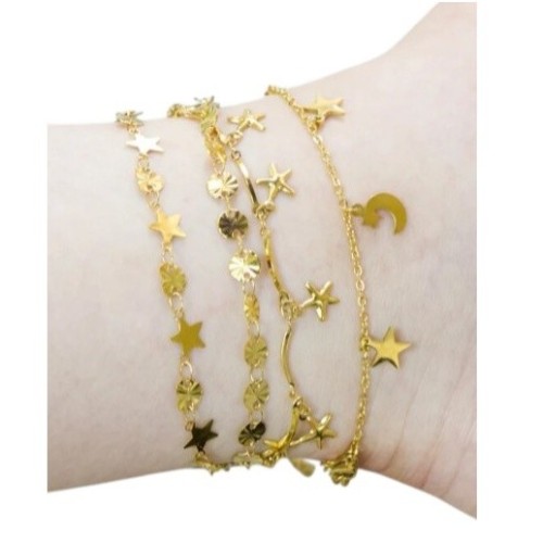 TOBILLERA ACERO Y ORO ESTRELLAS COLGANTES