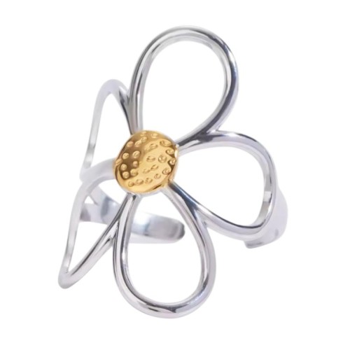 ANILLO FLOR CALADA ACERO BICOLOR AJUSTABLE