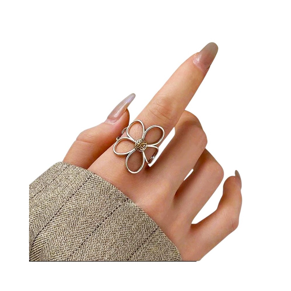 ANILLO FLOR CALADA ACERO BICOLOR AJUSTABLE