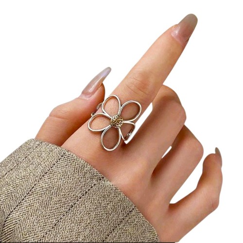 ANILLO FLOR CALADA ACERO BICOLOR AJUSTABLE