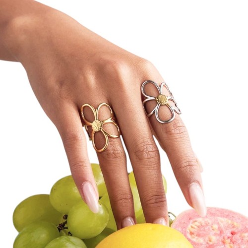 ANILLO FLOR CALADA ACERO BICOLOR AJUSTABLE