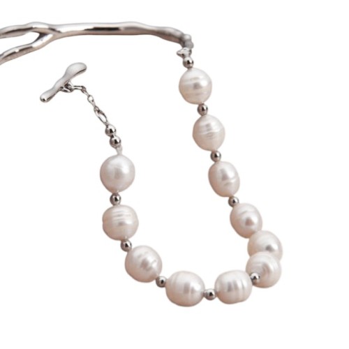 PULSERA SEMI RIGIDA PERLAS NATURALES ACERO