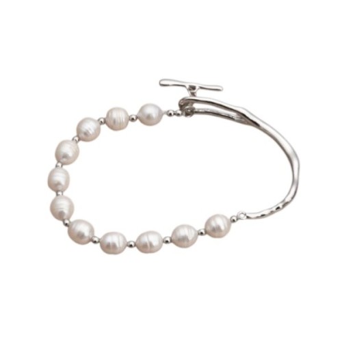 PULSERA SEMI RIGIDA PERLAS NATURALES ACERO