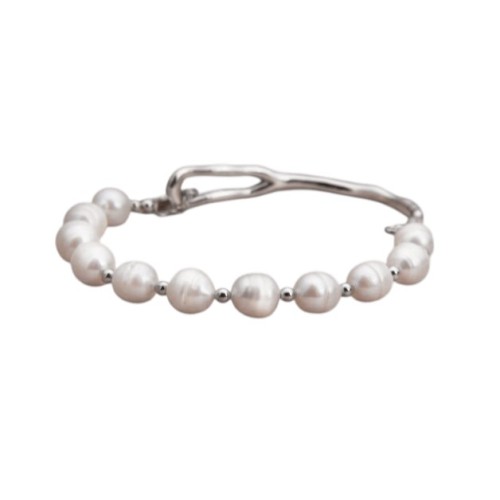 PULSERA SEMI RIGIDA PERLAS NATURALES ACERO