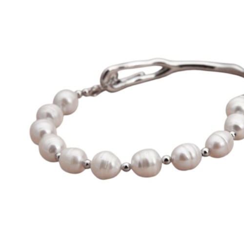 PULSERA SEMI RIGIDA PERLAS NATURALES ACERO