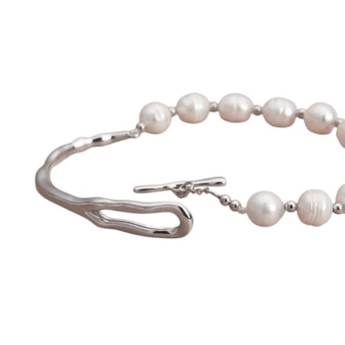 PULSERA SEMI RIGIDA PERLAS NATURALES ACERO