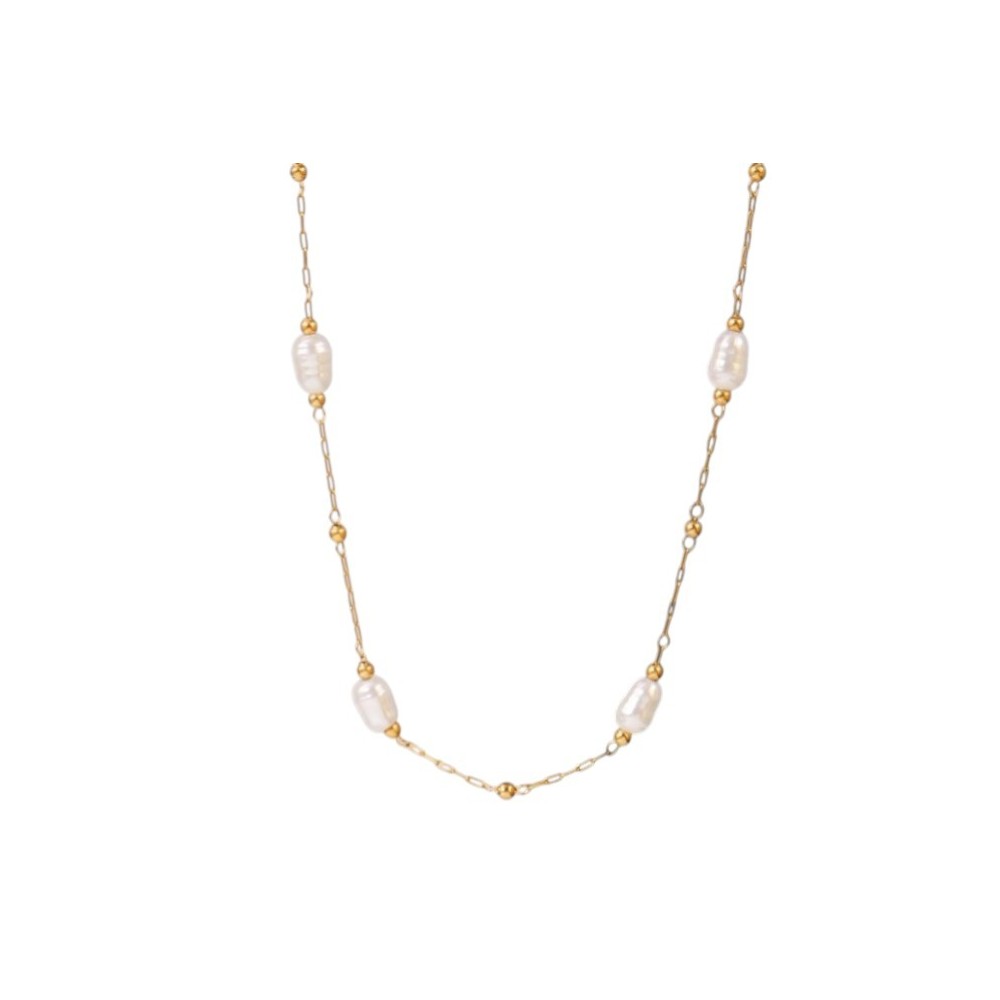 GARGANTILLA ELEGANTE PERLAS PEQUEÑAS ACERO Y ORO