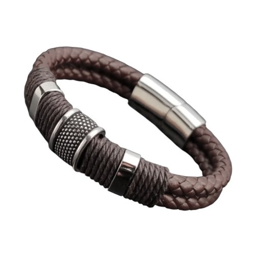 PULSERA PERSONALIZADA CUERO TRENZADO DOBLE MARRÓN
