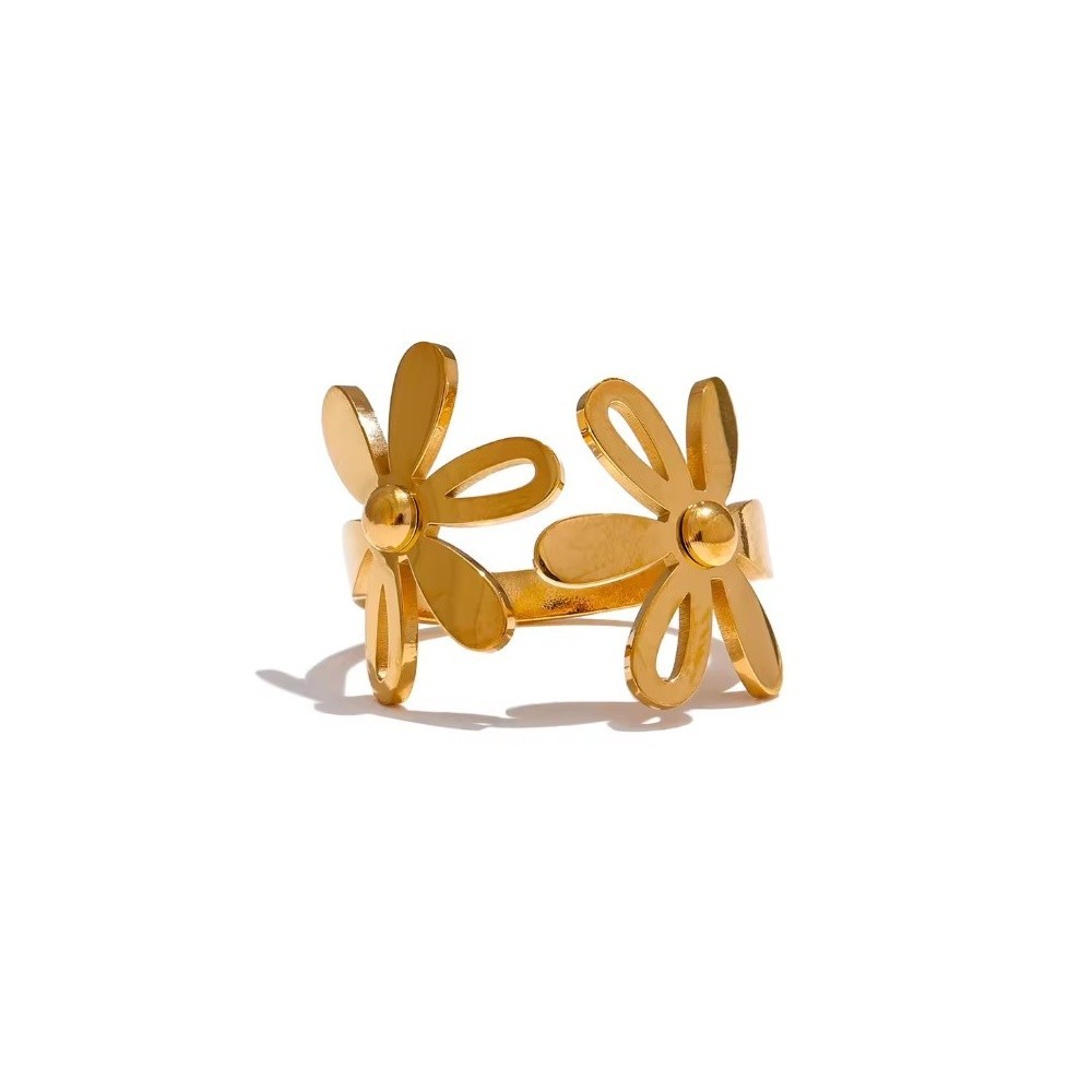 ANILLO DOBLE FLOR AJUSTABLE ACERO Y ORO WATERPROOF