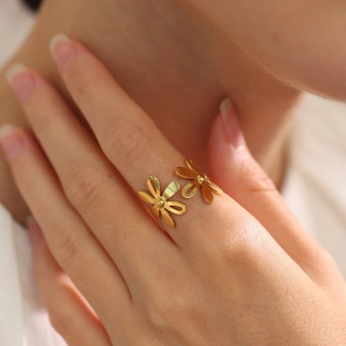 ANILLO DOBLE FLOR AJUSTABLE ACERO Y ORO WATERPROOF